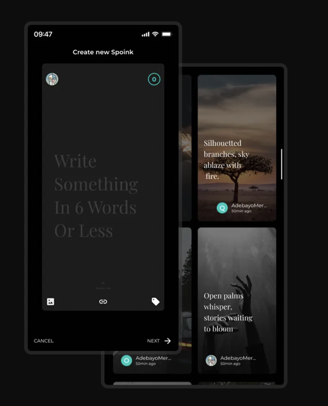Spoink app interface showing 6-word posts